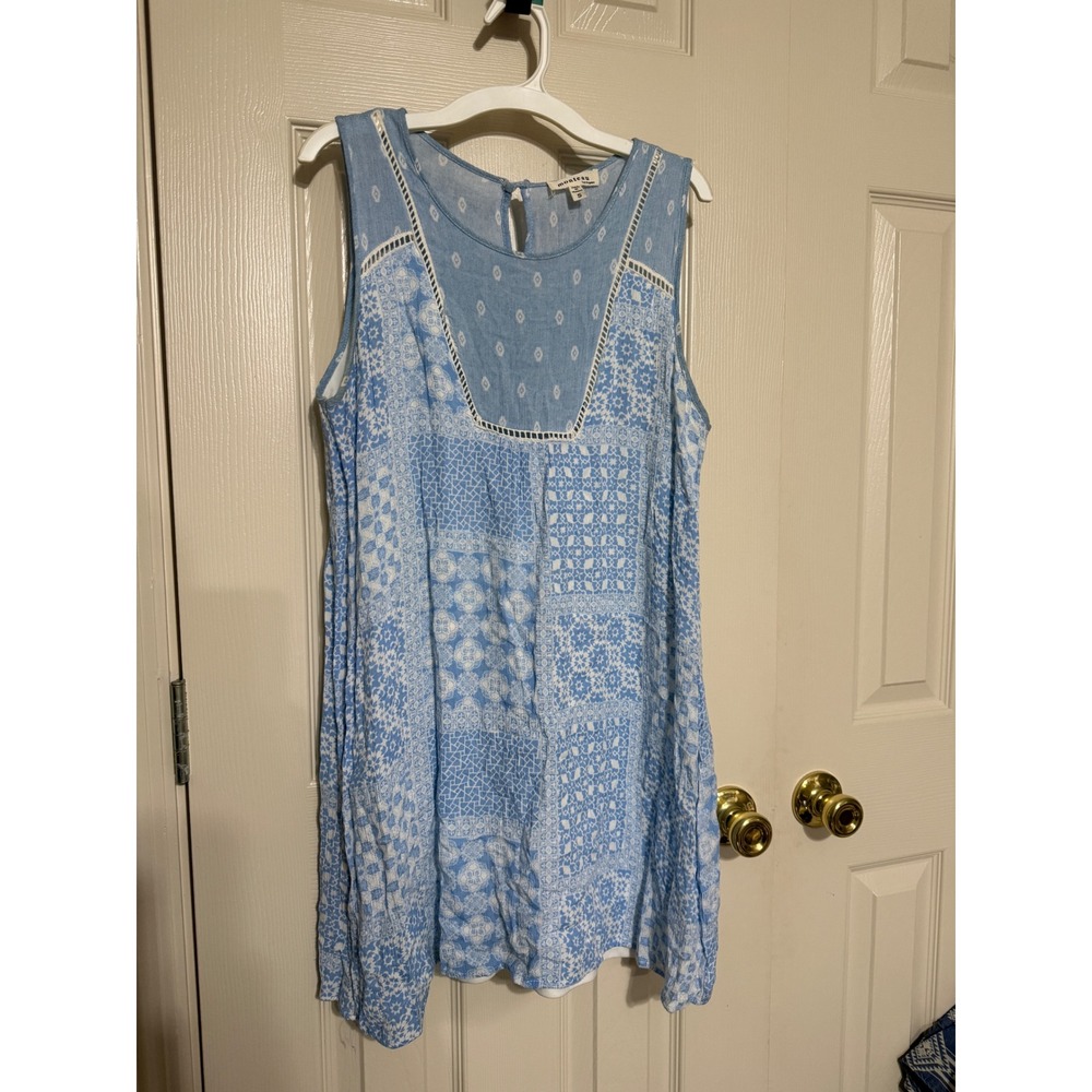Monteau‎ Los Angeles Blue White Patchwork Lace Trim Sleeveless Boho Dress